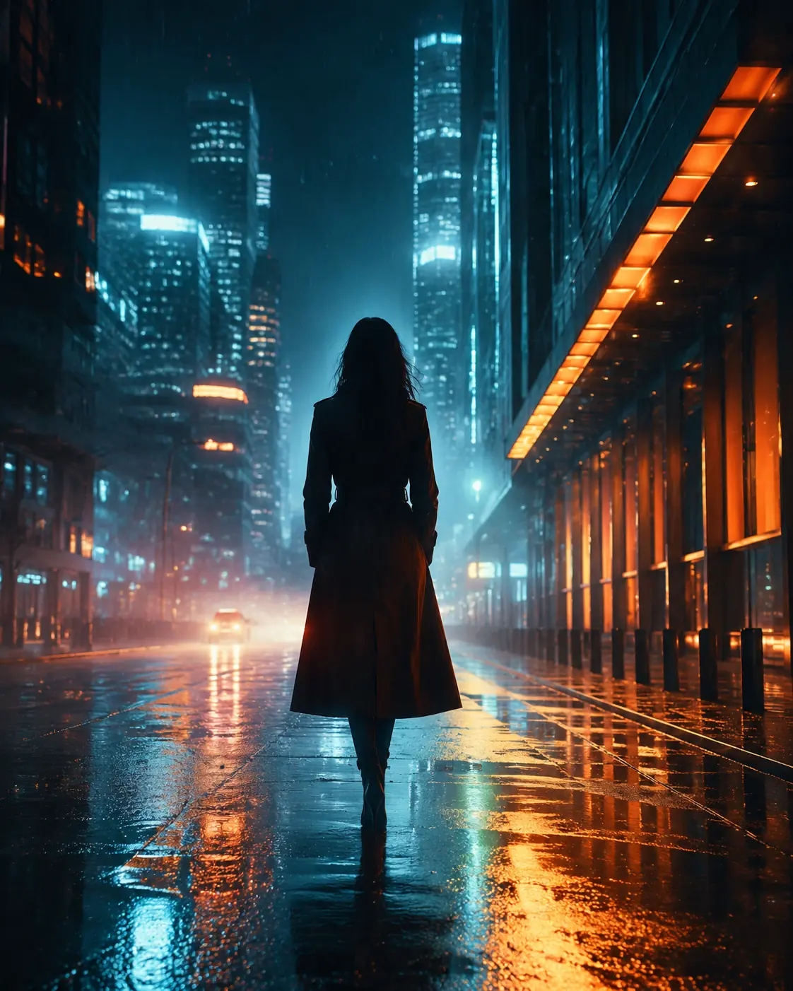 Cena cinematográfica futurista sob chuva